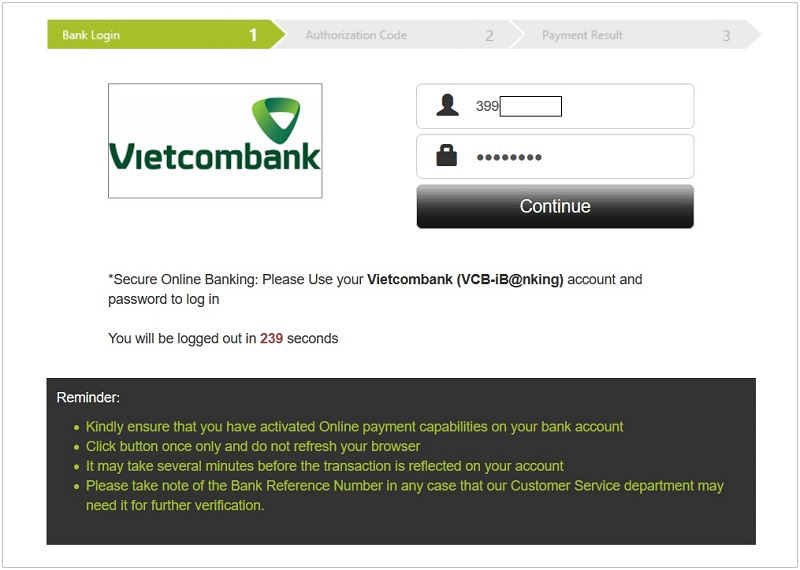 đăng nhập internet banking để tiếp tục