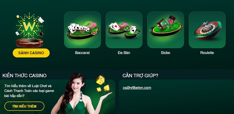 Với hệ thống gồm 3 trang casino, V9Bet chia mỗi trang thành 3 sảnh chơi