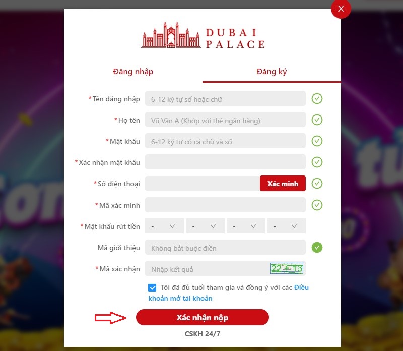 Điền thông tin đăng ký Dubai Casino